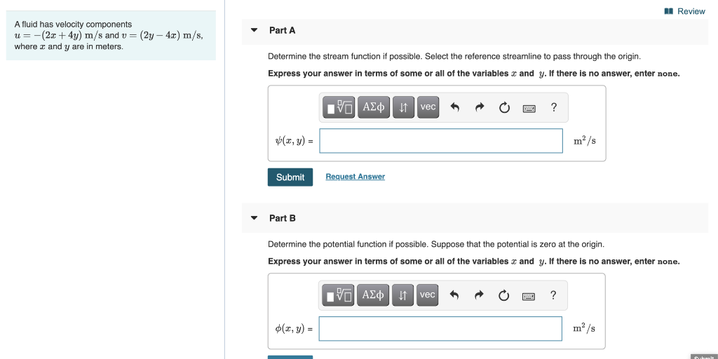 Solved A Review Part A A fluid has velocity components u= | Chegg.com