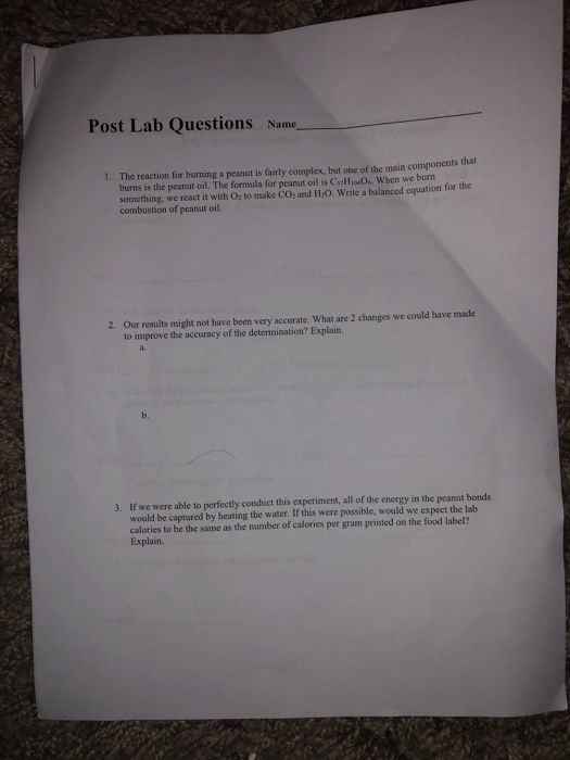 Post Lab Questions Name The reaction for burning a