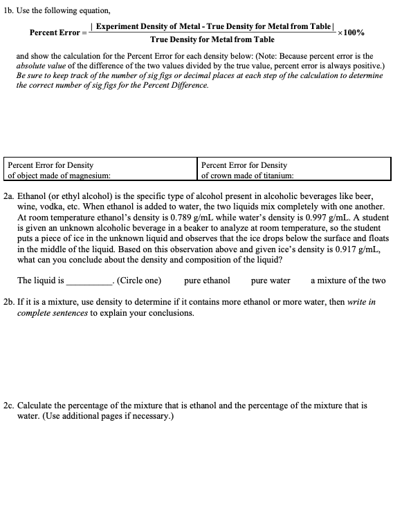 Solved Post Lab Analysis And Questions Table I Densities Of Chegg Com