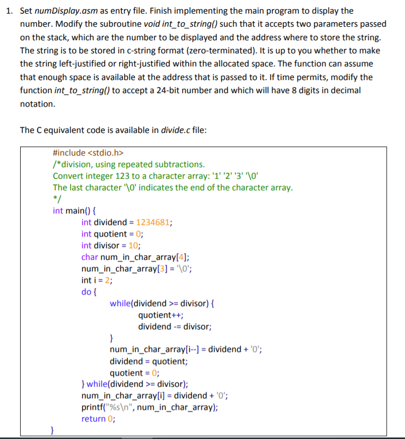 1. Set numDisplay.asm as entry file. Finish | Chegg.com
