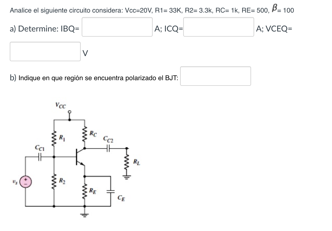 Analice el siguiente circuito considera: \( \mathrm{Vcc}=20 \mathrm{~V}, \mathrm{R} 1=33 \mathrm{~K}, \mathrm{R} 2=3.3 \mathr