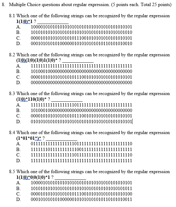 Solved Multiple Choice Questions About Regular Expression. ( | Chegg.com