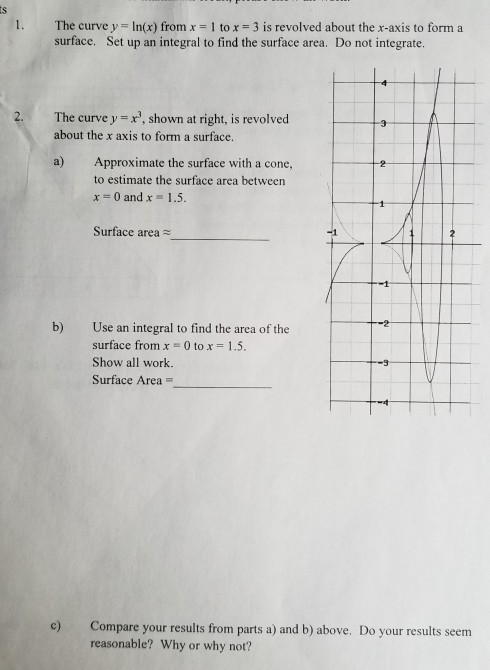 Solved 1. The curve y In(x) from x 1 to x 3 is revolved | Chegg.com