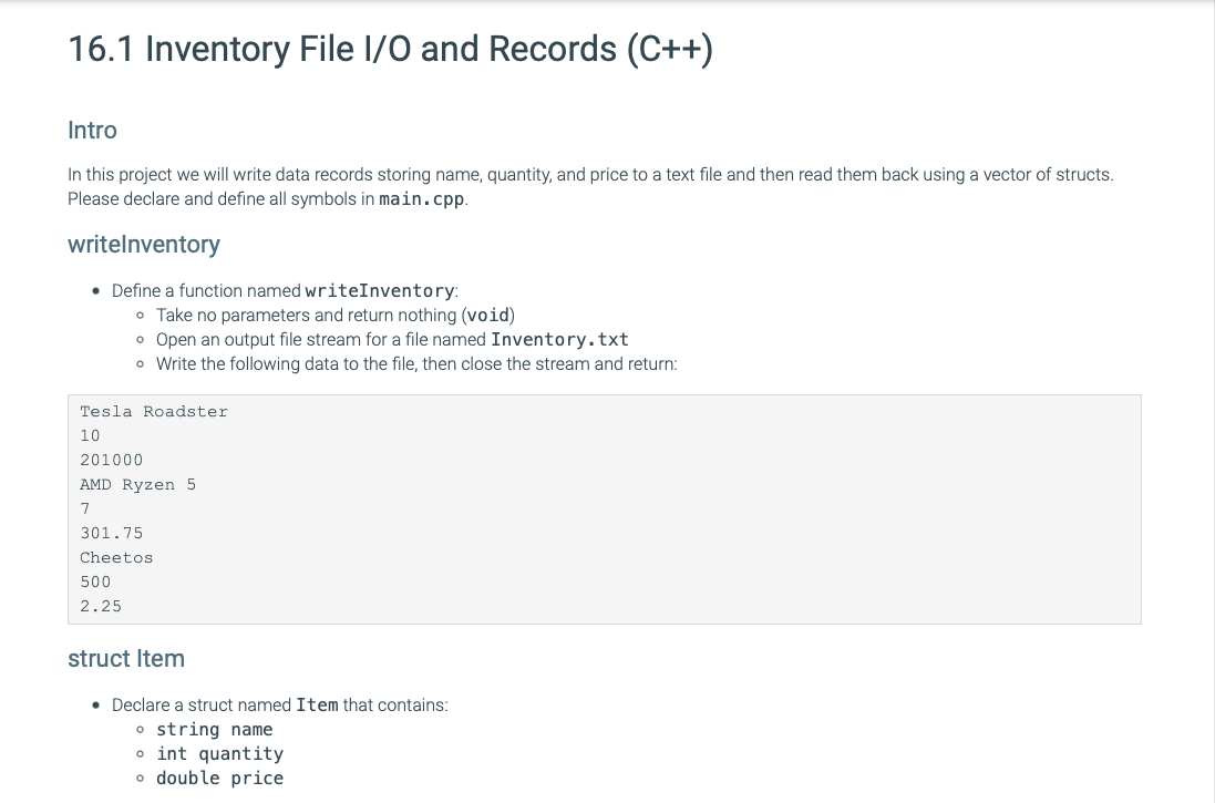 Solved 16.1 Inventory File I/O and Records (C++) Intro In | Chegg.com