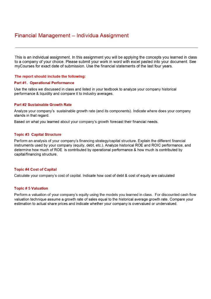 Financial Management - Individua Assignment This is | Chegg.com