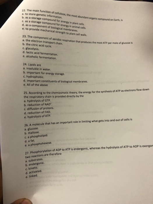 Solved 22. The Main Function Of Cellulose, A. To Store Ge