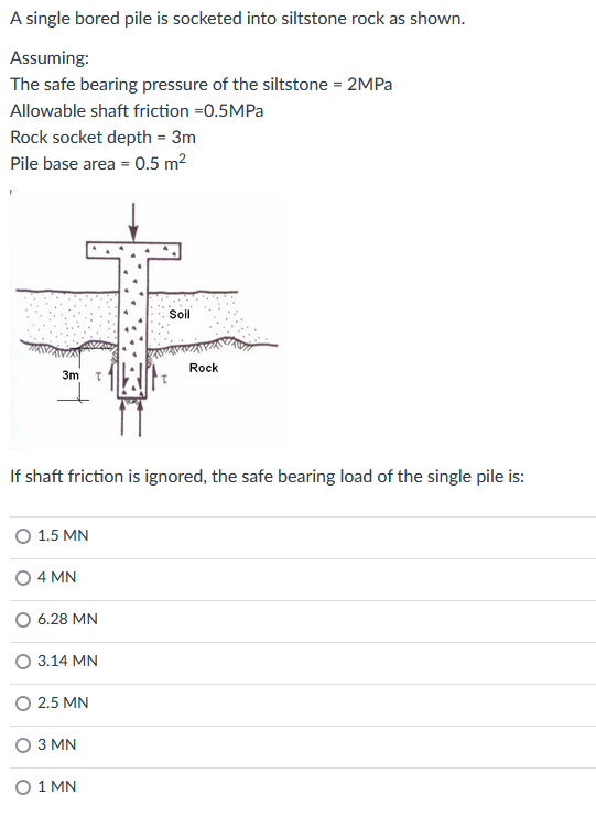 Solved A single bored pile is socketed into siltstone rock | Chegg.com