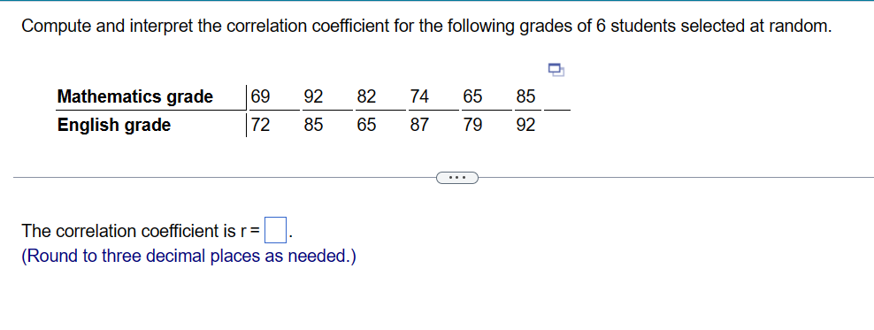 Compute and interpret the correlation coefficient for the following grades of 6 students selected at random.
\[
\square
\]
Th