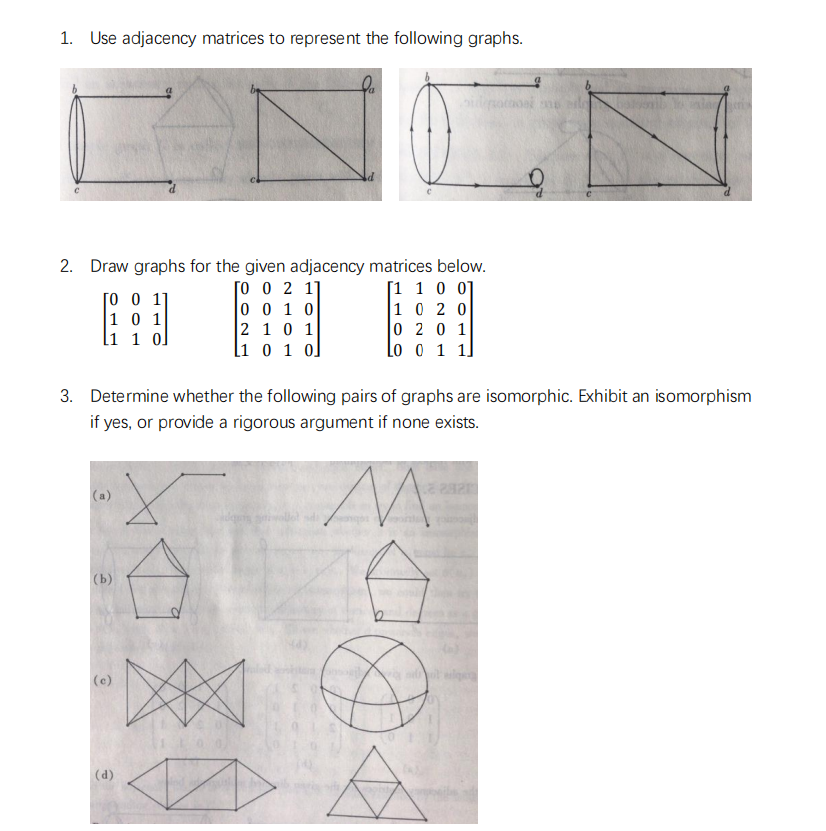 Solved 1. Use adjacency matrices to represent the following | Chegg.com