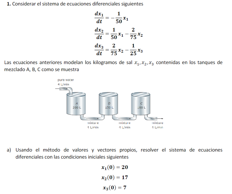 1. Considerar el sistema de ecuaciones diferenciales siguientes \[ \begin{array}{l} \frac{d x_{1}}{d t}=-\frac{1}{50} x_{1} \