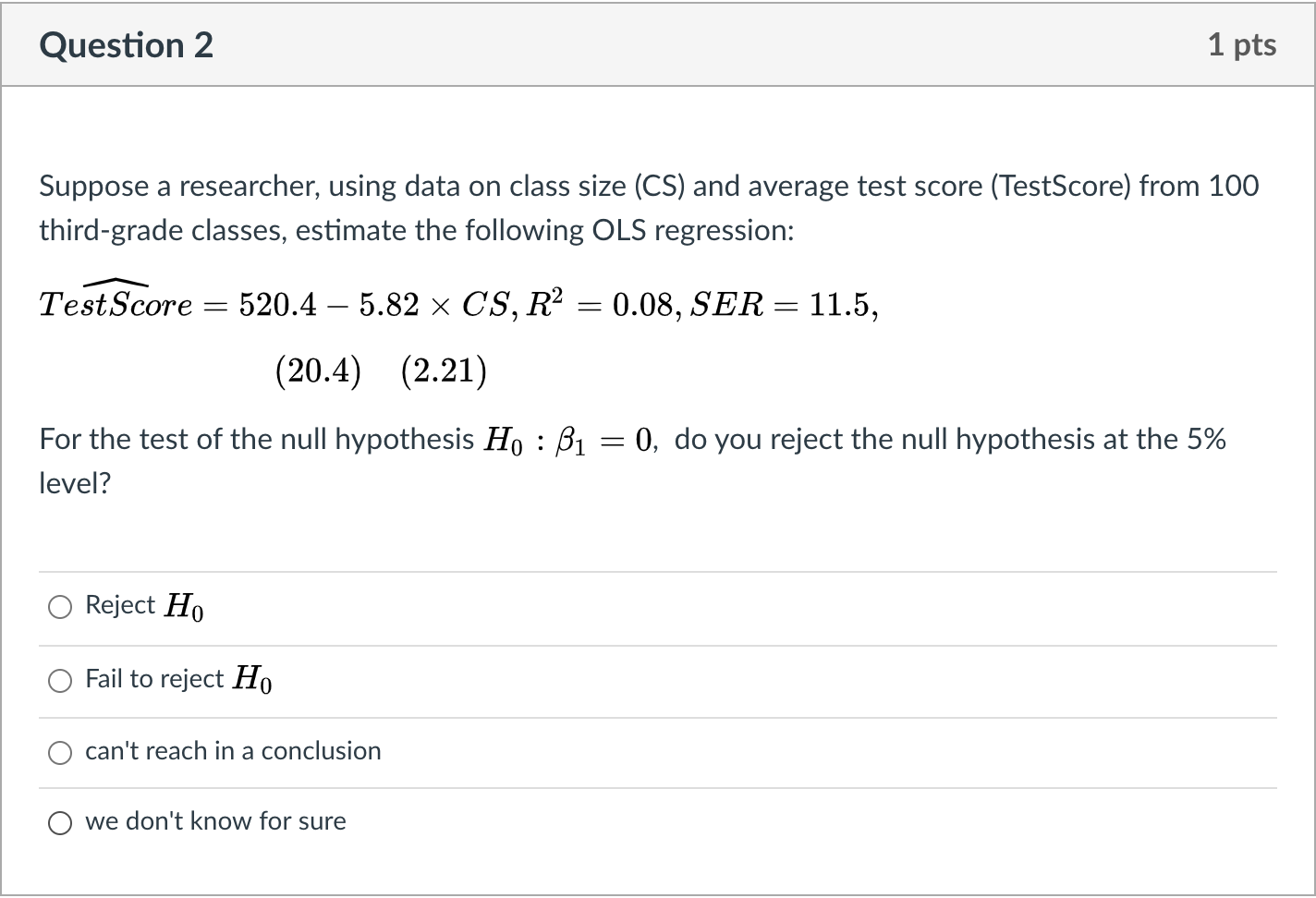 Solved Question 2 1 pts Suppose a researcher, using data on | Chegg.com