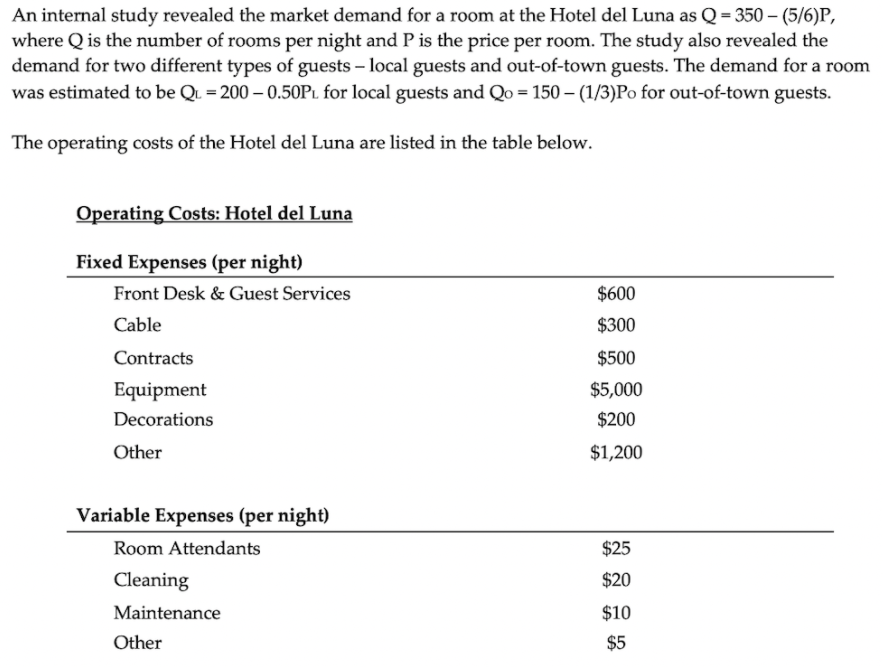 An internal study revealed the market demand for a room at the Hotel del Luna as Q = 350 – (5/6)P, where Q is the number of r