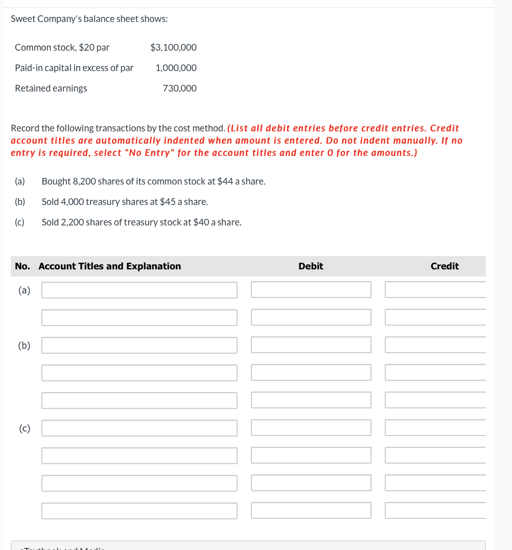 Solved Sweet Company's balance sheet shows: Record the | Chegg.com