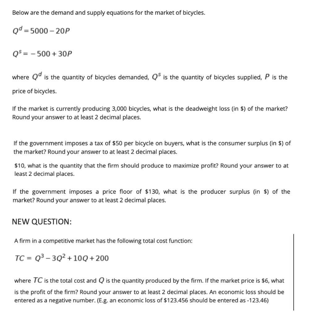 Solved Below Are The Demand And Supply Equations For The | Chegg.com