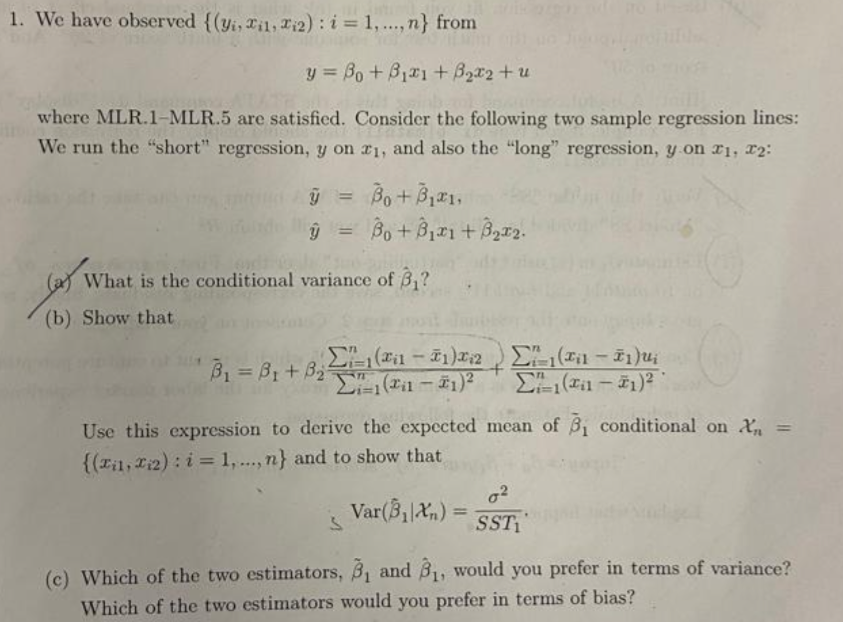 1. We have observed {(Yi, Xi1, 1:2): i = 1, ..., n} | Chegg.com