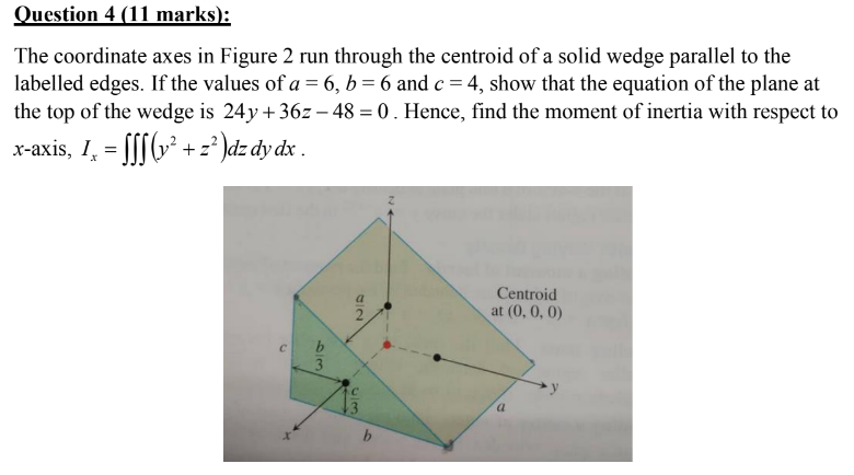 Question 4 (11 marks):
The coordinate axes in Figure 2 run through the centroid of a solid wedge parallel to the labelled edg