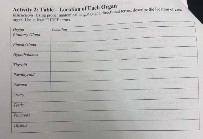 Solved Activity 2: Table- Location of Each Organ terms, | Chegg.com
