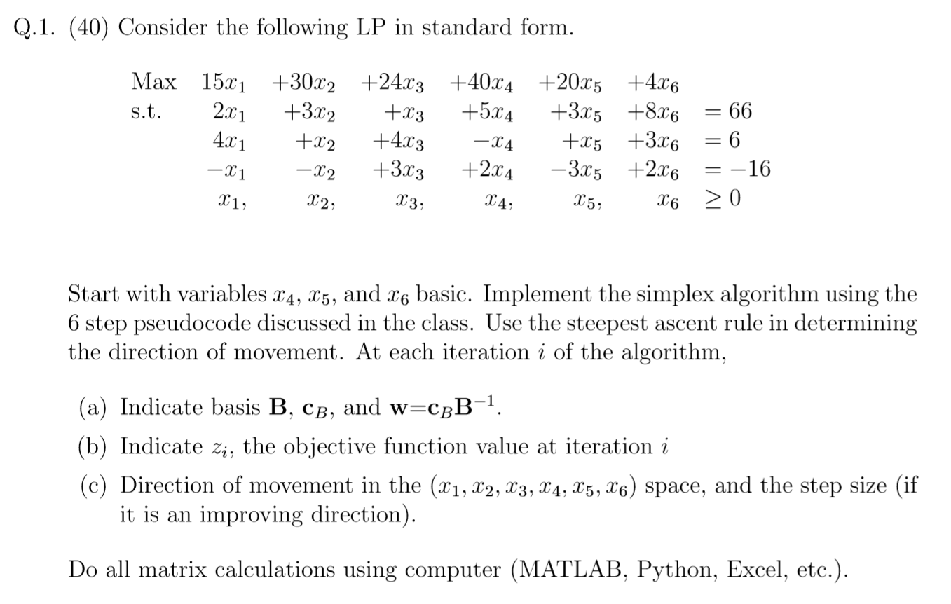 Q.1. (40) Consider the following LP in standard form. | Chegg.com