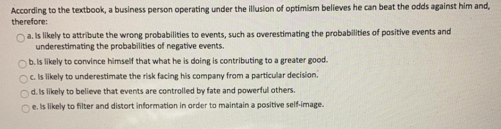 According to the textbook, a business person operating under the illusion of optimism believes he can beat the odds against h
