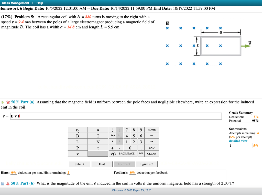 (17\%) Problem 5: A rectangular coil with \( N=880 \) turns is moving to the right with a speed \( v=9.4 \mathrm{~m} / \mathr