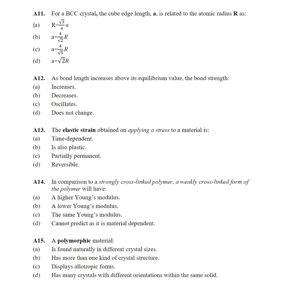 Solved A11. For a BCC crystal, the cube edge length, a, is | Chegg.com