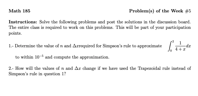 Solved Math 185 Problem(s) of the Week #5 Instructions: | Chegg.com