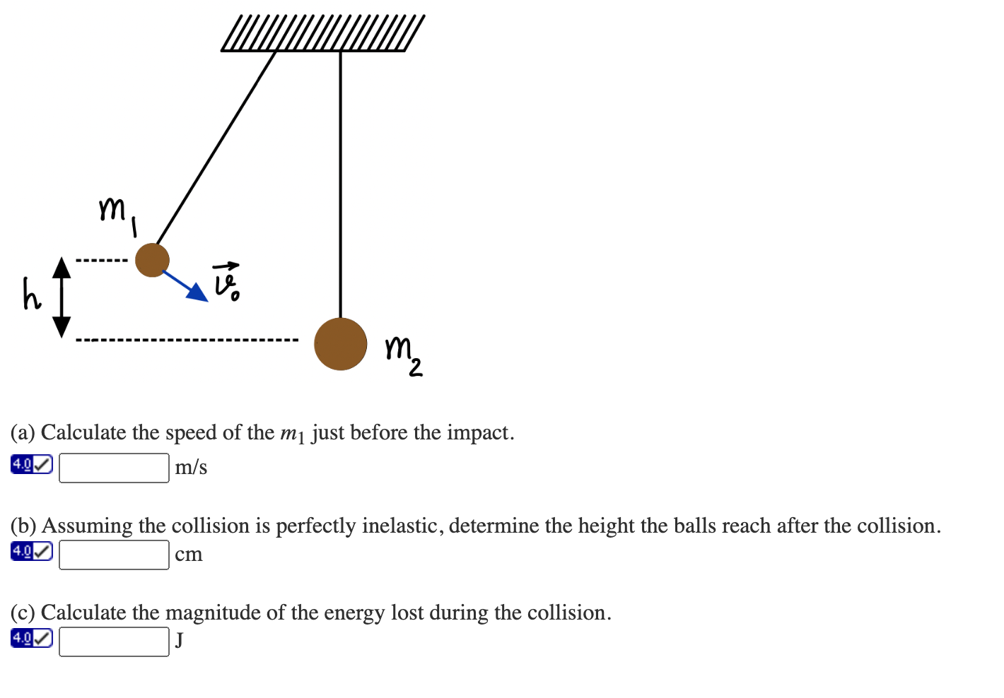 Solved A ball of mass m1 = 1.00 kg swings downward with an