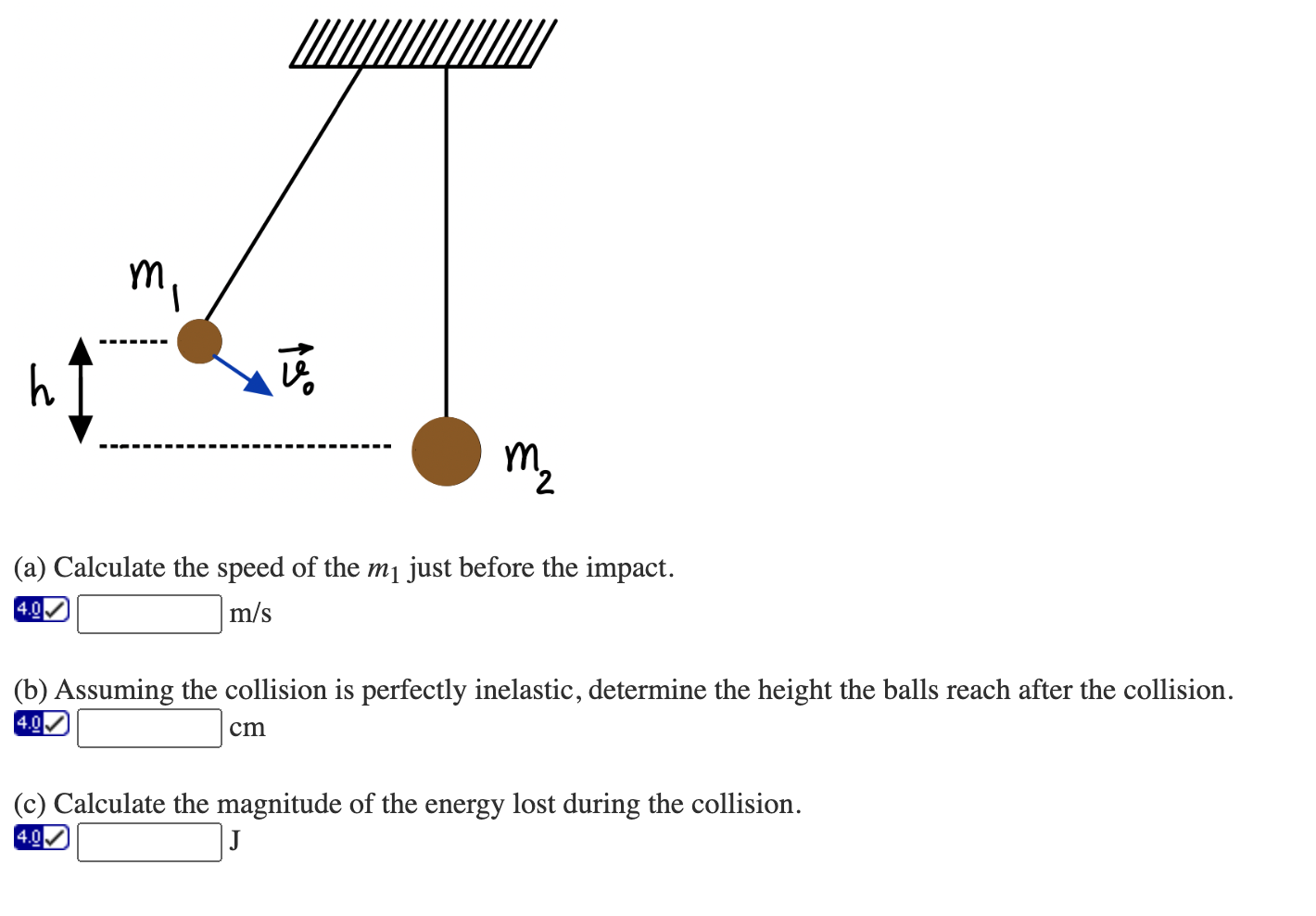 Solved A ball of mass m1 = 1.00 kg swings downward with an | Chegg.com