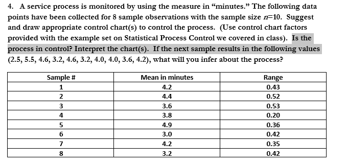 Solved 4. A service process is monitored by using the | Chegg.com