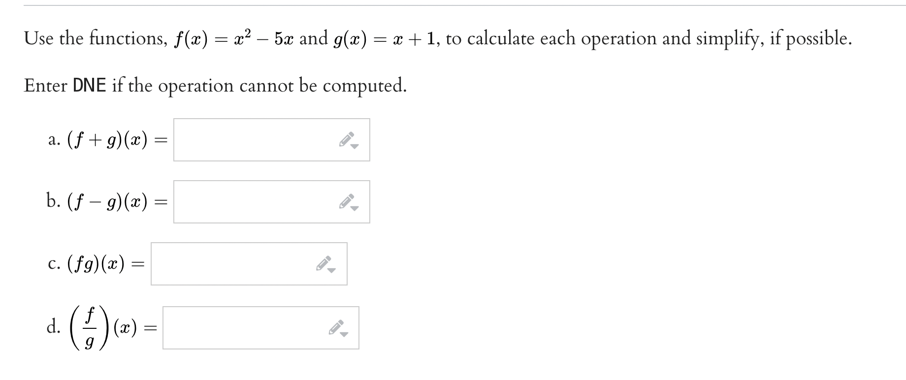 Solved Use the functions, f(x) = x2 – 5x and g(x) = x + 1, | Chegg.com