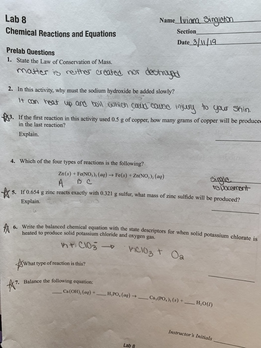 Solved Name lvian Lab 8 Chemical Reactions and Equations | Chegg.com