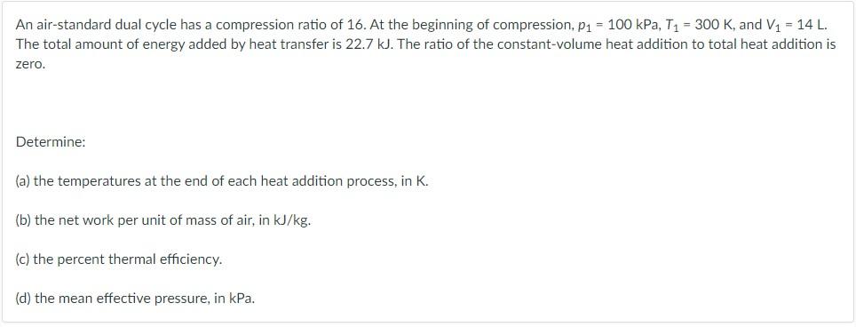 Solved An air-standard dual cycle has a compression ratio of | Chegg.com