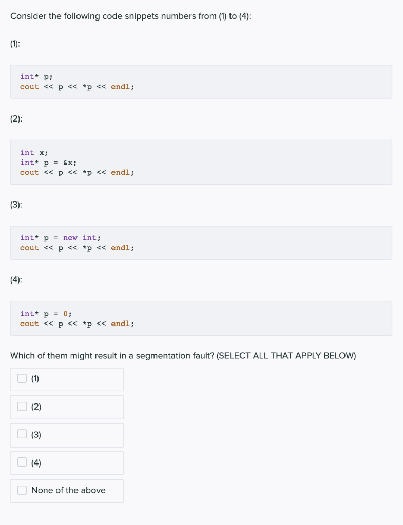 Solved Consider the following code snippets numbers from (1) | Chegg.com