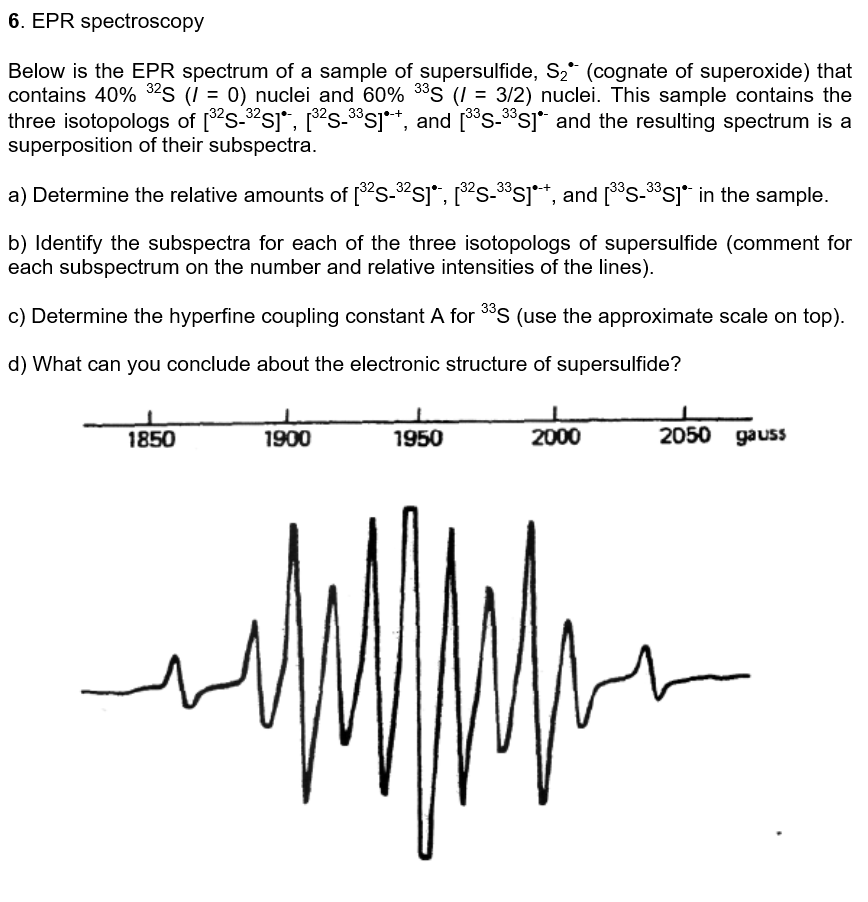 Solved 6. EPR spectroscopy Below is the EPR spectrum of a | Chegg.com