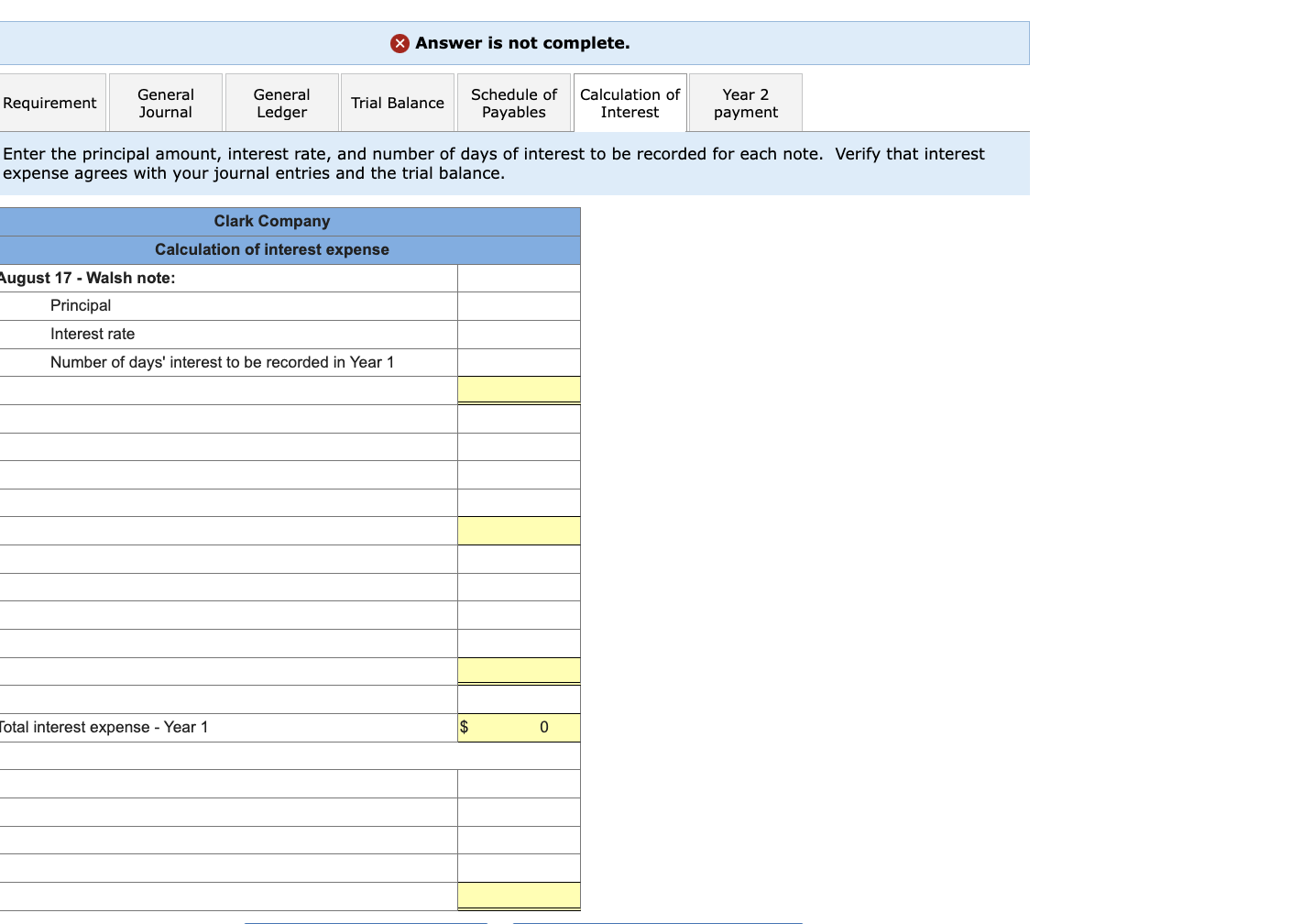 Answer is not complete.
the principal amount, interest rate, and number of days of interest to be recorded for each note. Ver