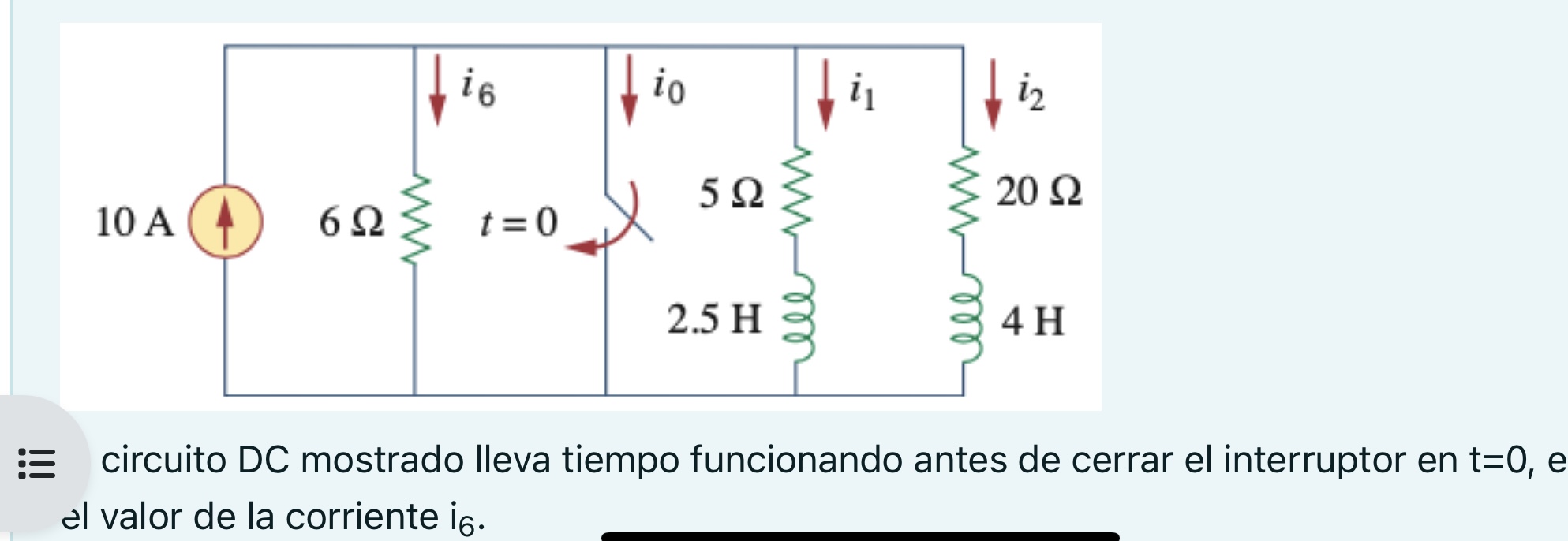 circuito DC mostrado lleva tiempo funcionando antes de cerrar el interruptor en \( t=0 \), el valor de la corriente \( \mathr