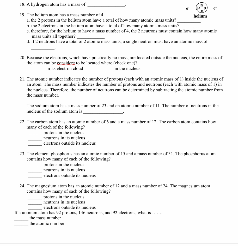 Solved 18. A hydrogen atom has a mass of n e P P e 19. The | Chegg.com