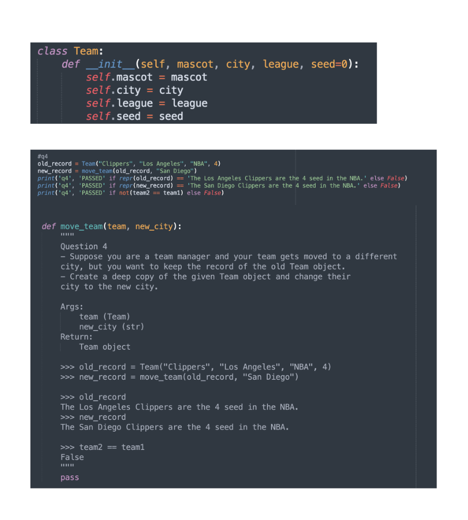 Solved class Team: def __init__(self, mascot, city, league, | Chegg.com