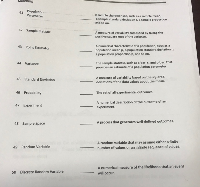 Solved Matching Population Parameter 41 A sample | Chegg.com