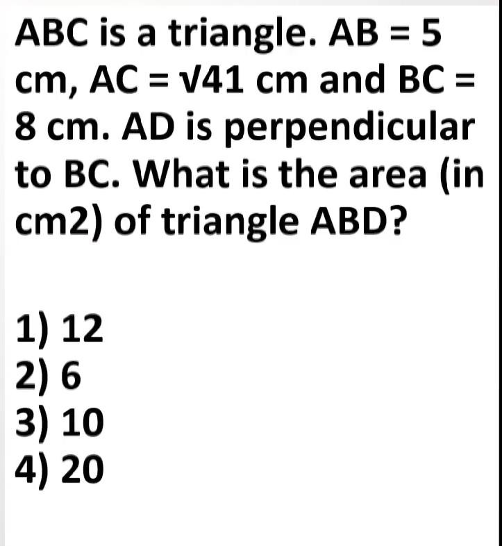 Solved ABC is a triangle. AB=5cm,AC=√41cm and BC=8cm. AD is