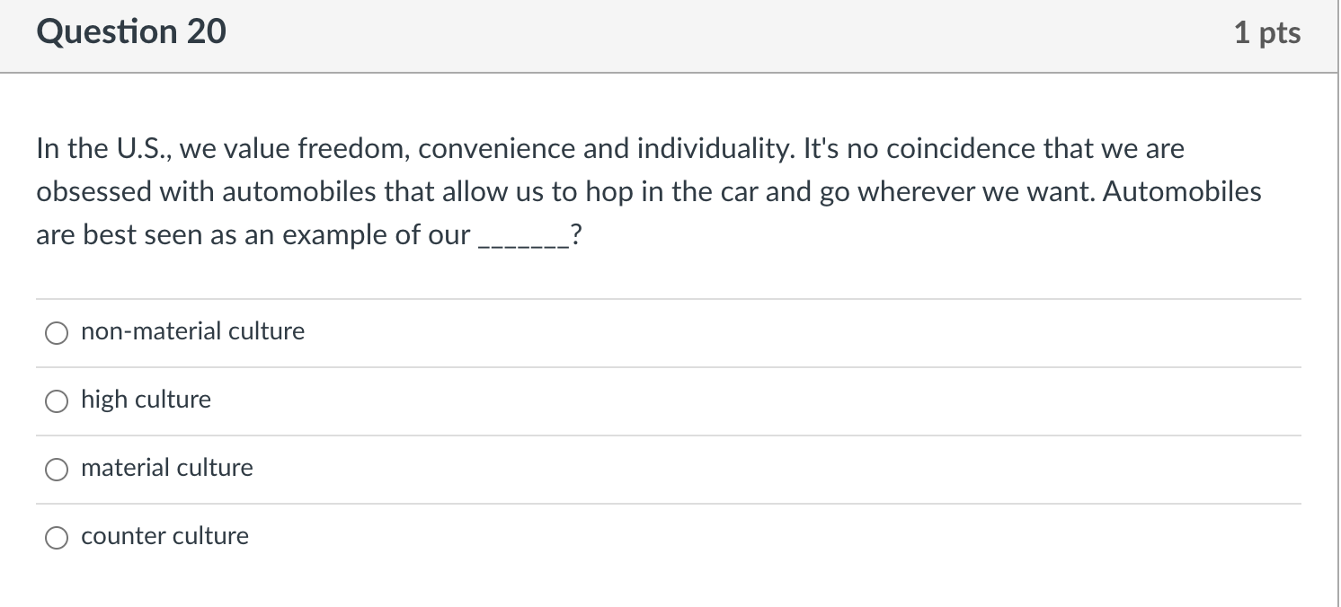 Solved Question 15 1 pts In the United States, we value | Chegg.com