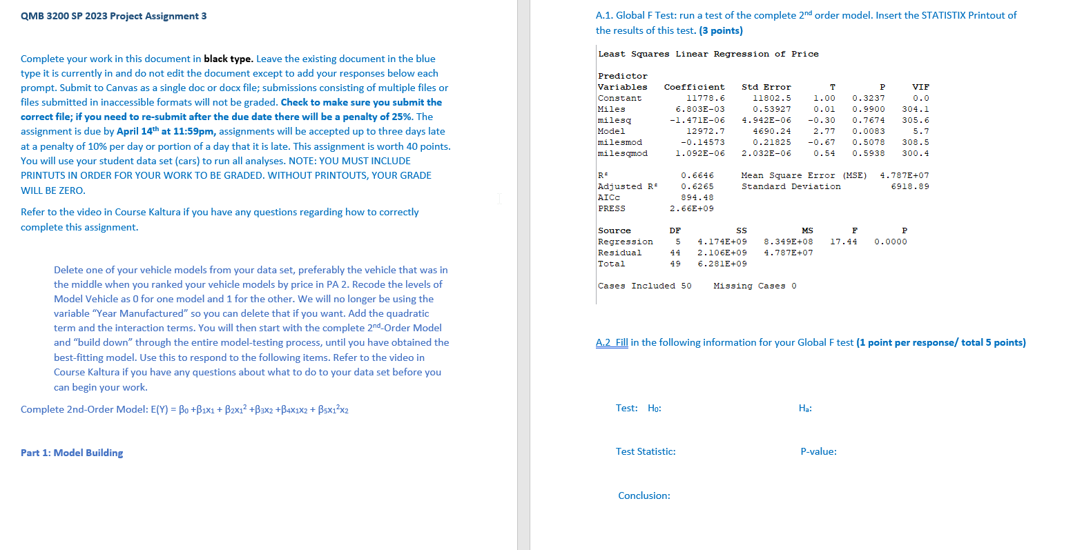 Solved QMB 3200 SP 2023 Project Assignment 3 A.1. Global F | Chegg.com