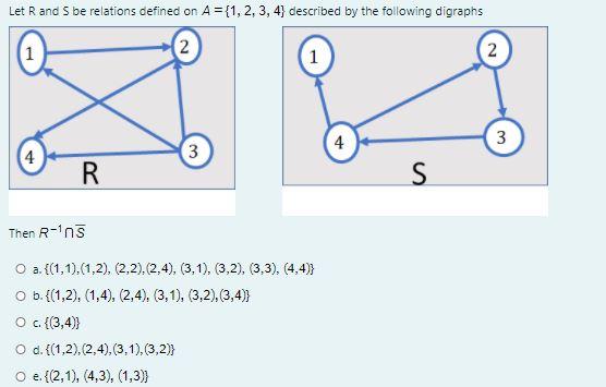 Solved Let Rand S be relations defined on A = {1, 2, 3, 4} | Chegg.com
