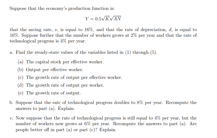 Solved Suppose that the economy's production function is: Y | Chegg.com