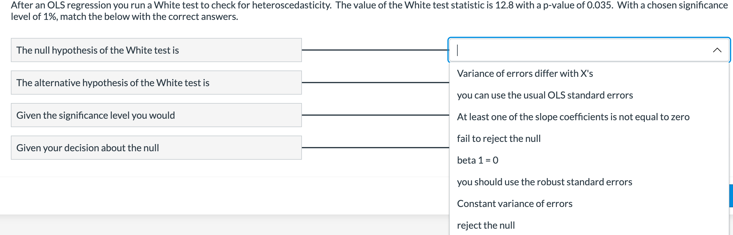 Solved After an OLS regression you run a White test to check | Chegg.com