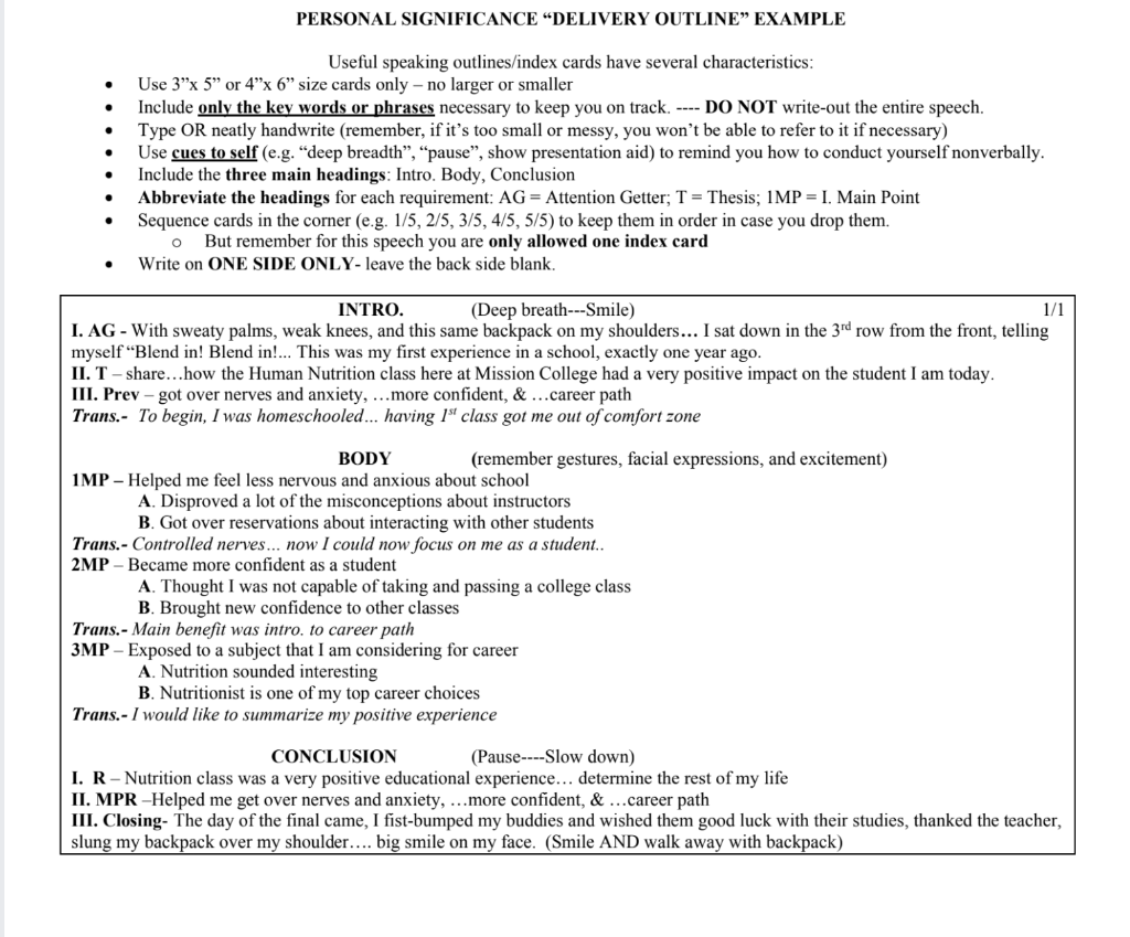 PERSONAL SIGNIFICANCE DELIVERY OUTLINE EXAMPLE Chegg