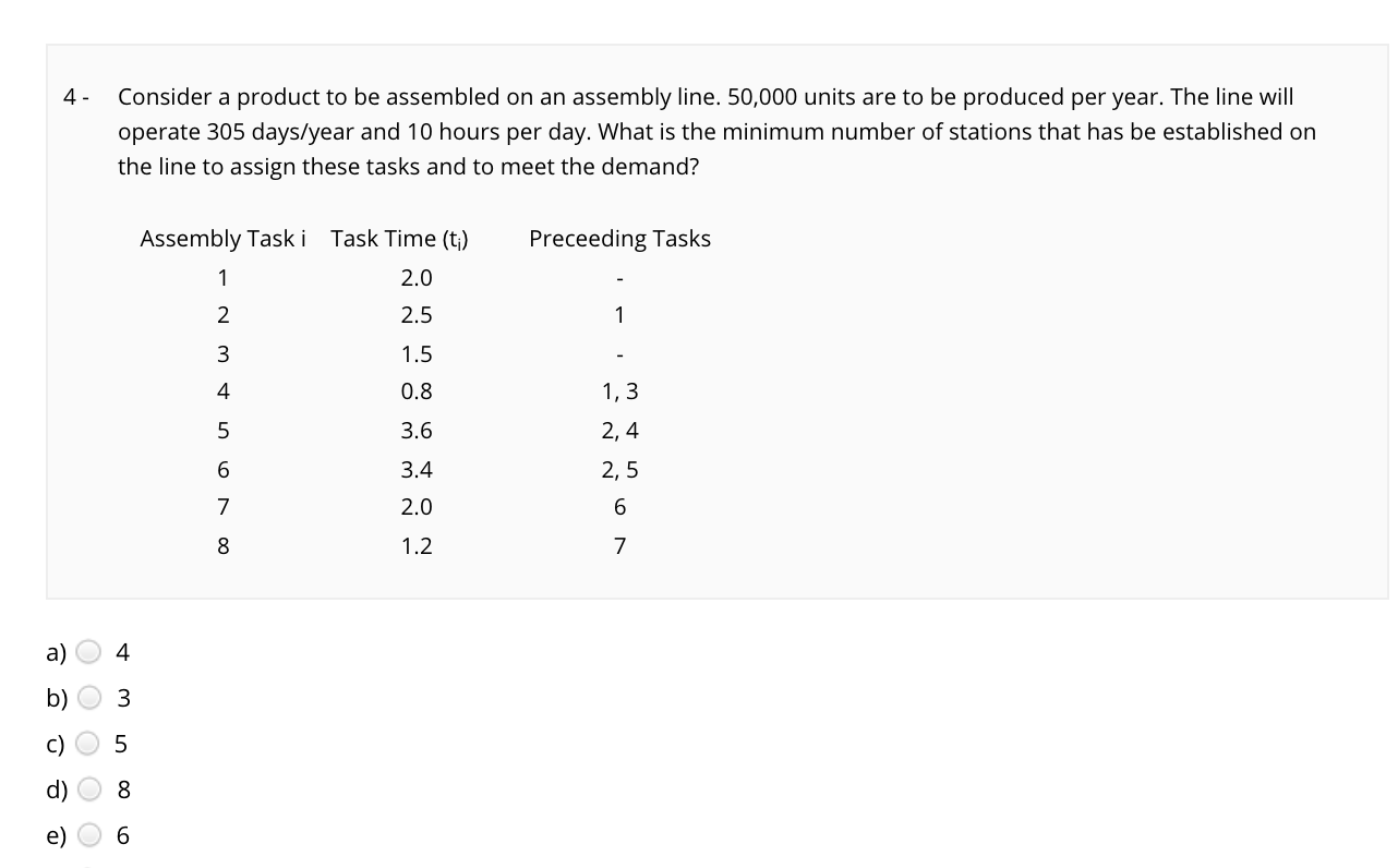 Solved 4- Consider a product to be assembled on an assembly | Chegg.com