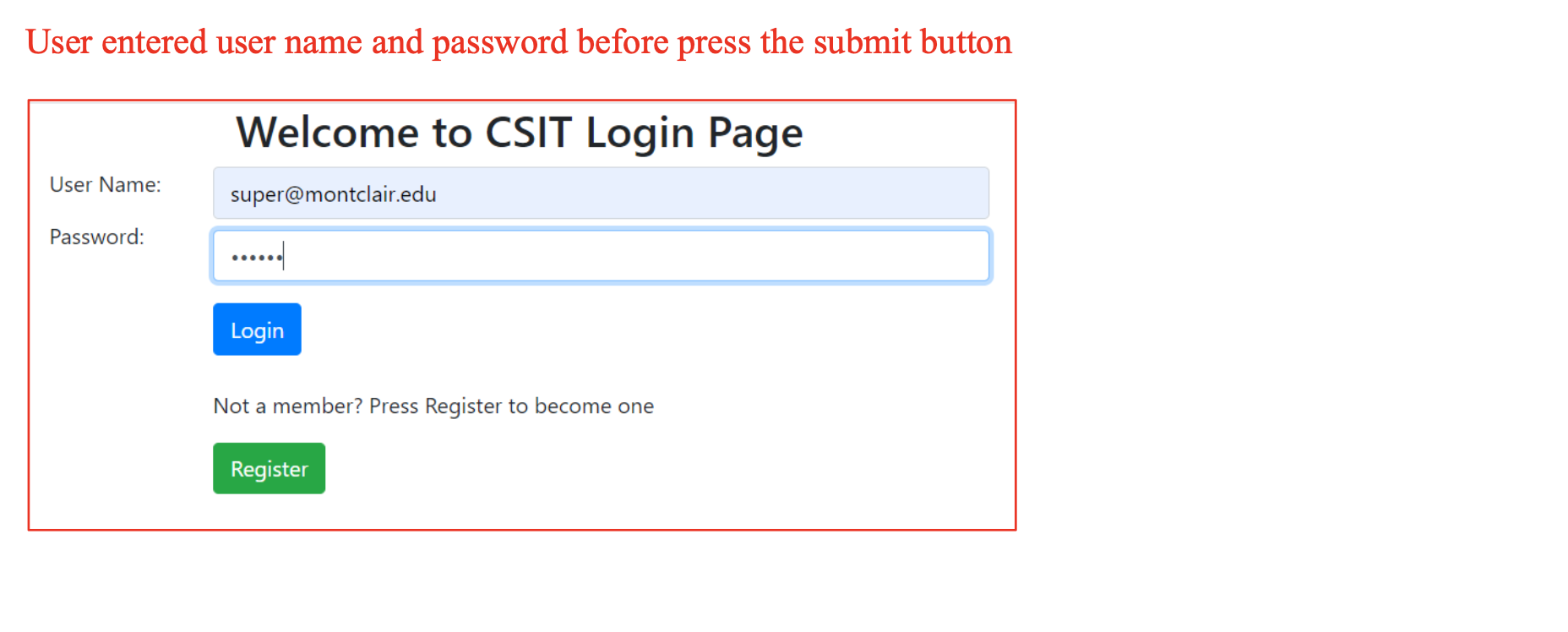 A view of the login page of  with a made up user name, as the
