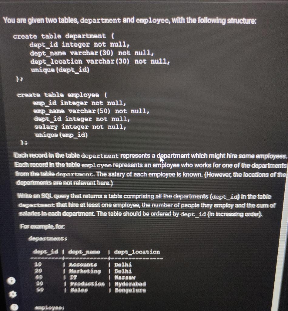 Solved You are given two tables, department and employee, | Chegg.com