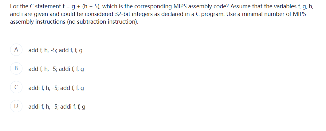 Solved For the C statement f=g+(h−5), which is the | Chegg.com